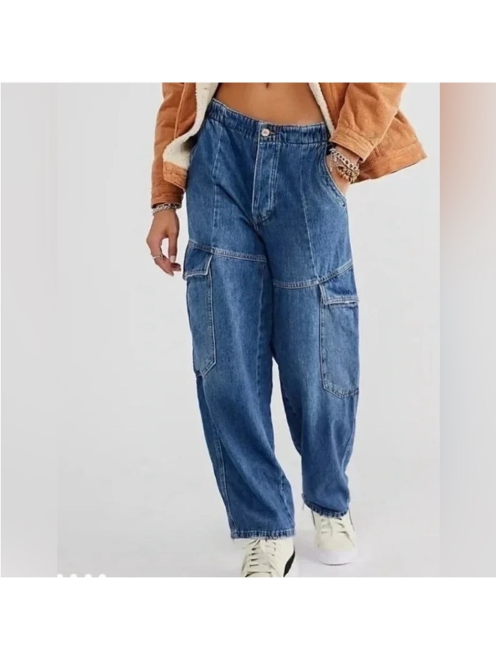 We The Free Blue Relaxed Cargo Boyfriend Jeans - Picture 1 of 10